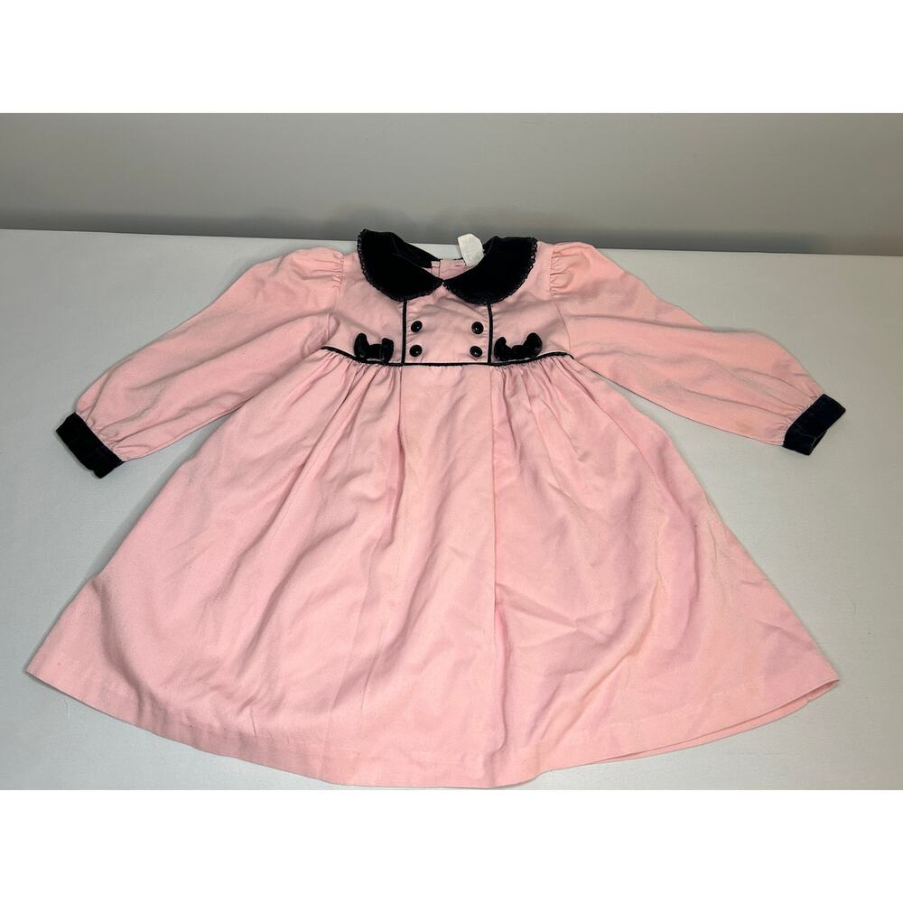 Vintage Toddler Girls Pink Dress 2T 3T Velvet Collar Bows Long Sleeve Holiday